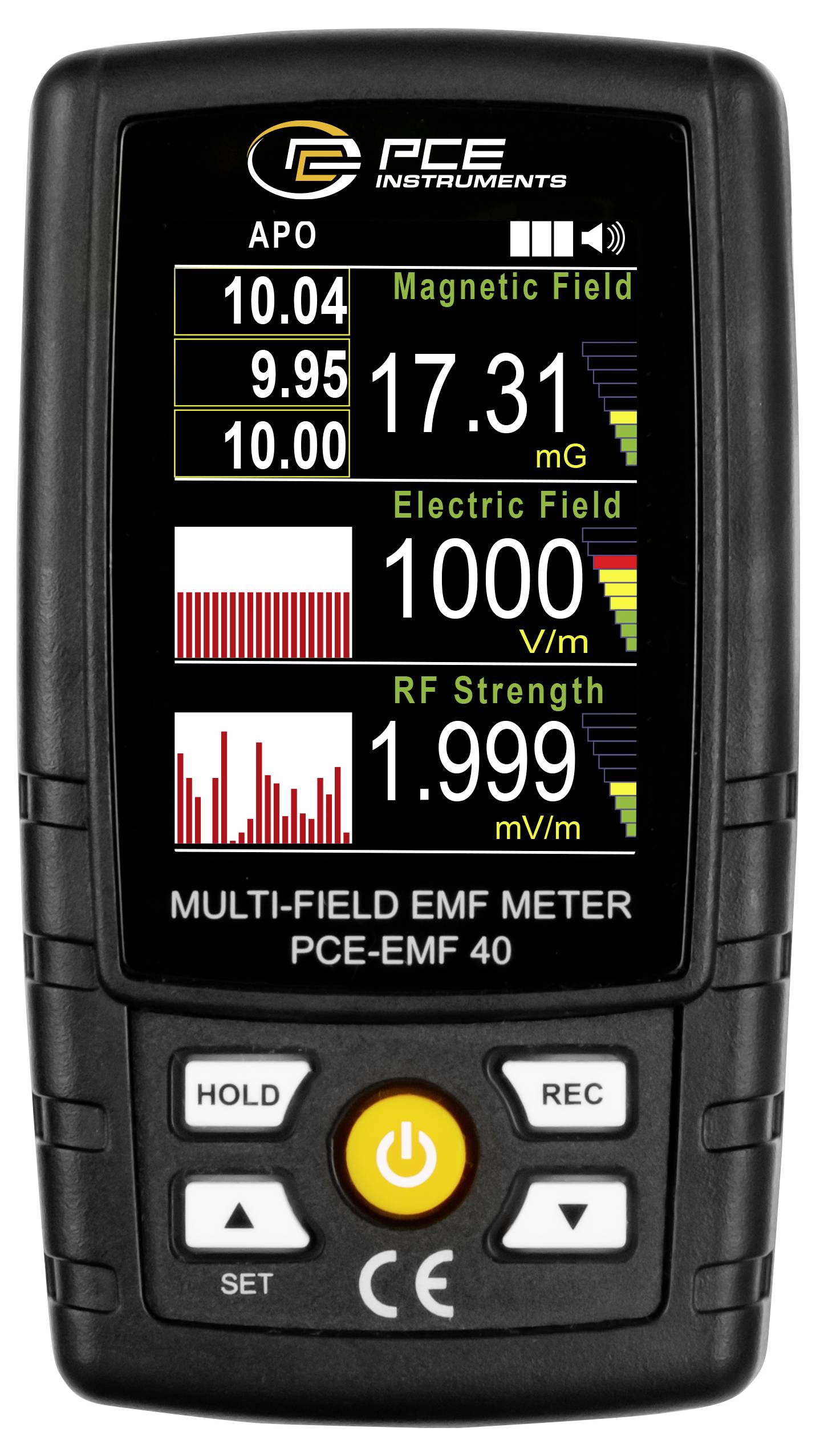 Affichage du multimètre portable PCE à champs multiples montrant un champ magnétique de 17,31 mG, un champ électrique de 1000 V/m et une intensité RF de 1,999 mV/m.
