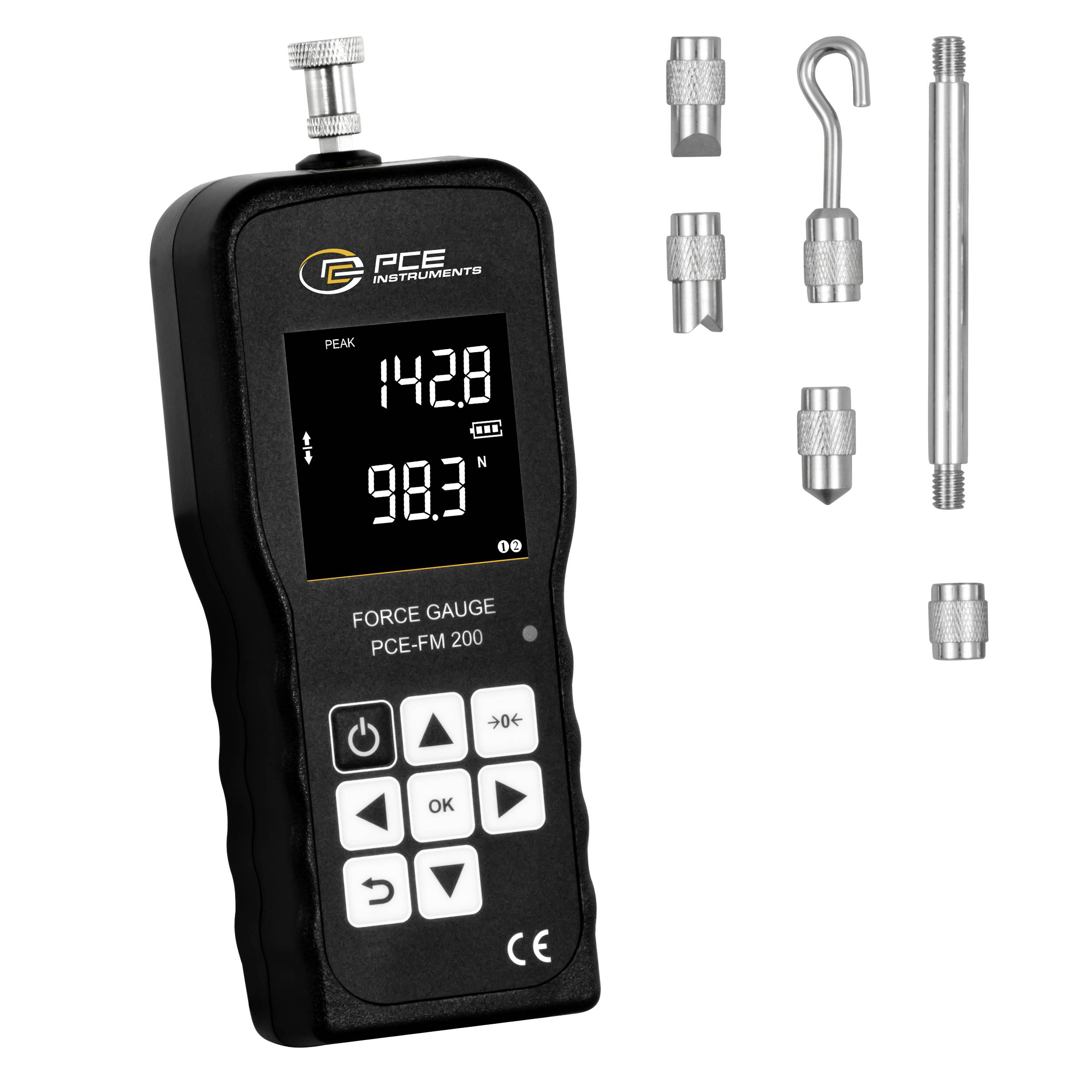 Instruments de jauge de force PCE portables affichant des lectures de 142,8 et 98,3 N, avec plusieurs accessoires de test interchangeables affichés à côté.
