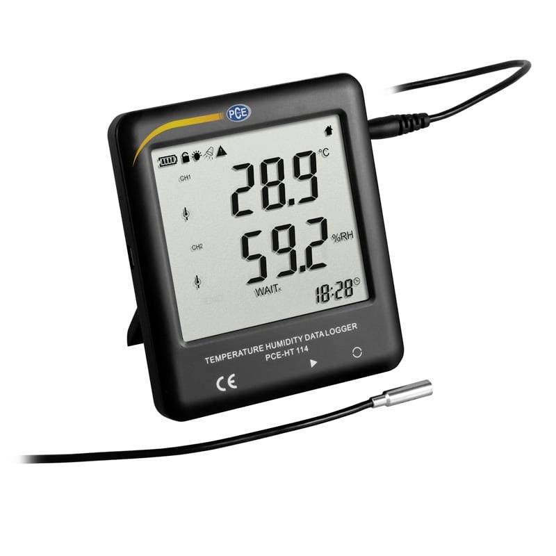 Enregistreur numérique de température et d'humidité affichant 28,9°C et 59,2% HR, avec un capteur de sonde attaché.
