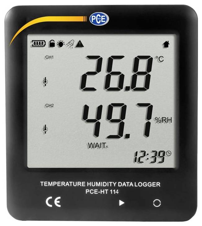 Affichage du enregistreur numérique de température et d'humidité montrant CH1 26,8°C et CH2 49,7% HR, avec l'heure 12:39.