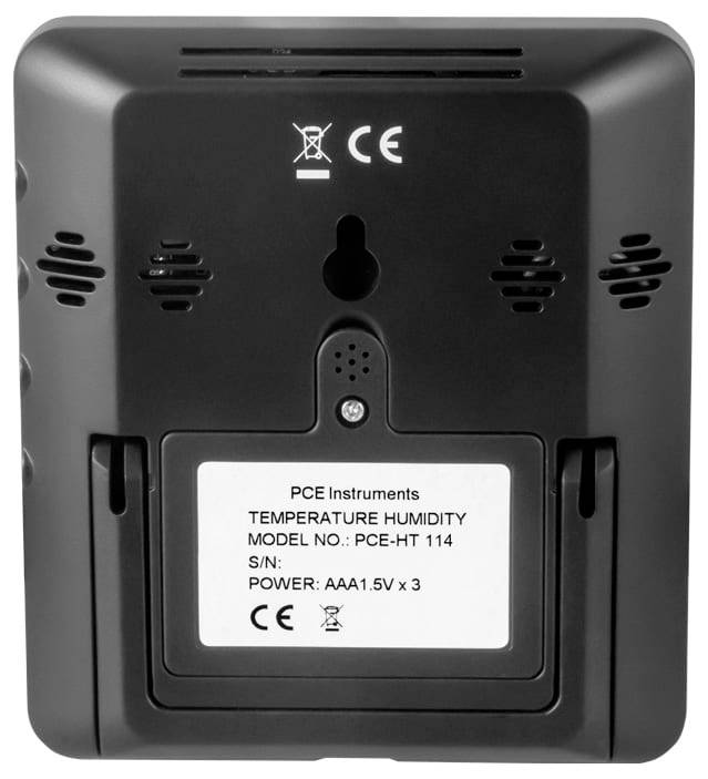 Verso d'un moniteur de température et d'humidité PCE Instruments avec fente de fixation murale, orifices de haut-parleur et étiquette du compartiment des piles.
