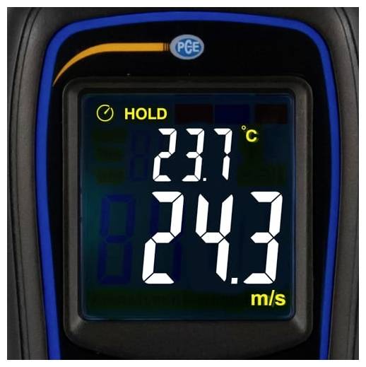 Affichage numérique du compteur affichant HOLD, 23,7 °C et 24,3 m/s sur un appareil PCE.