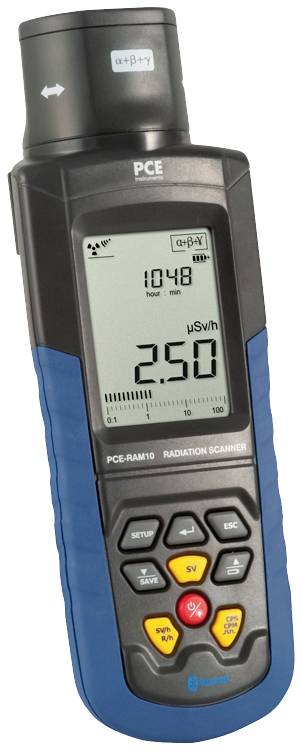 Appareil portable de mesure des radiations avec affichage numérique. Indique 250 μSv/h. Différentes touches fonctionnelles situées sous l'écran.