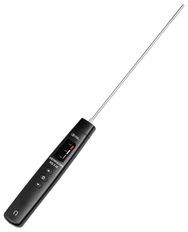 Thermomètre numérique alimentaire noir avec une longue sonde en acier inoxydable sur un fond blanc.