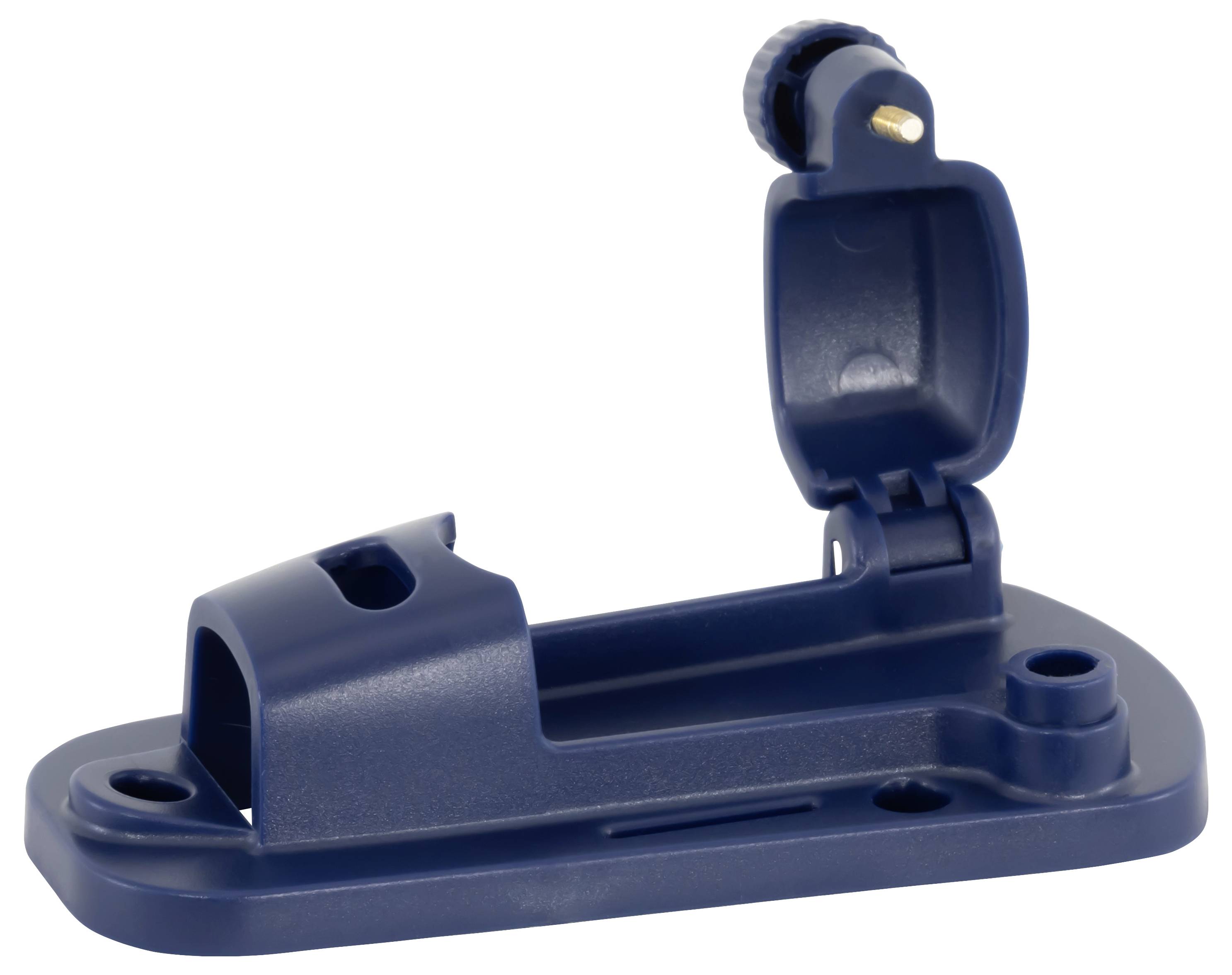 Support de montage réglable en plastique bleu avec bras supérieur articulé et trous de vis sur fond blanc