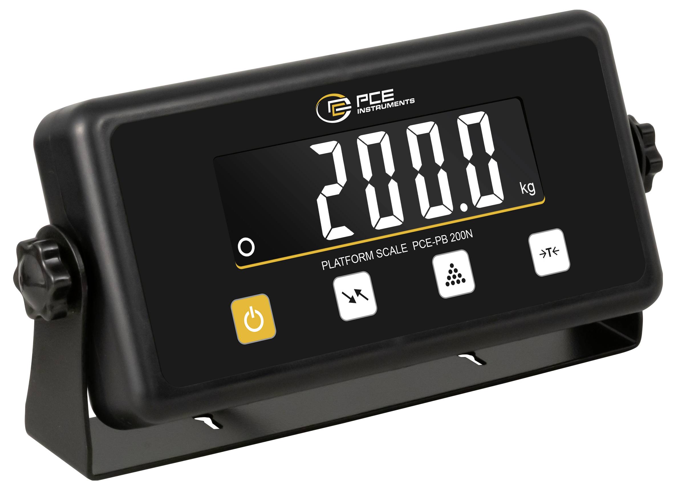 Affichage numérique d'une balance plateforme montrant 200,0 kg avec la marque PCE Instruments et des boutons de commande sur un panneau noir incliné.