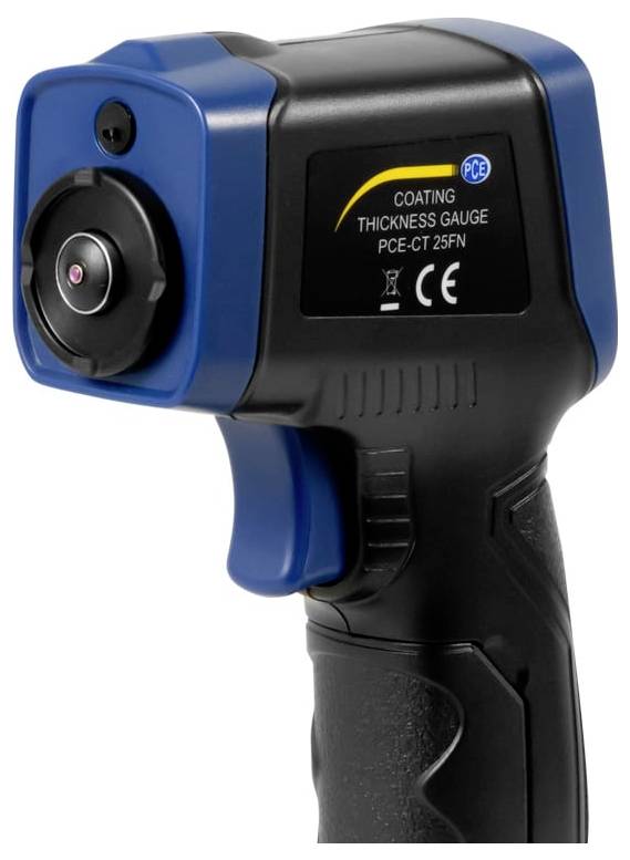 Jauge d'épaisseur de revêtement portative étiquetée « PCE-CT 25FN » avec un corps de pistolet bleu et noir et une lentille de capteur frontale.