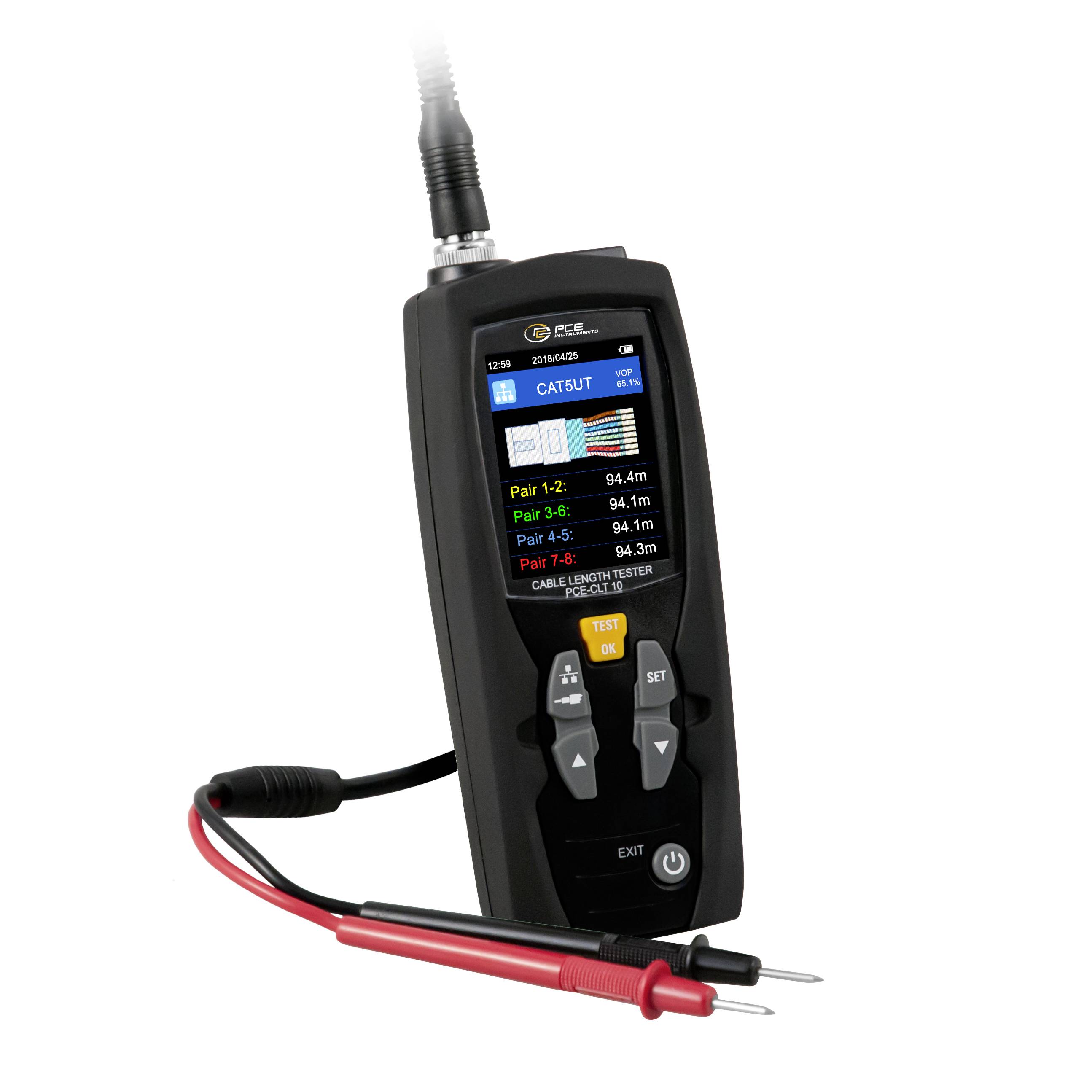 Handheld cable tester displaying CAT5UTP pair lengths with red and black test probes attached.