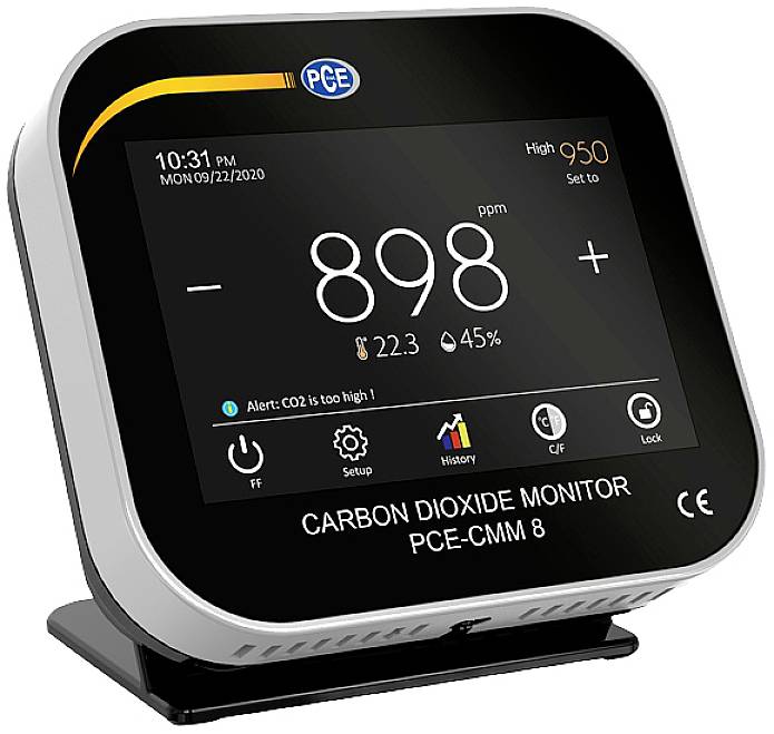 Dispositif de mesure du CO₂ indique 898 ppm, date 22/09/2020, 10:31, température 22,3°C, humidité de l'air 45%. Avertissement : 'Le CO₂ est trop élevé !'.