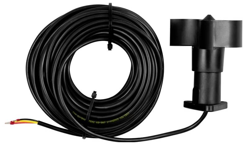Câble noir enroulé avec connecteur attaché et tête de capteur à hélice à trois pales, probablement un dispositif de mesure de vitesse ou de débit.