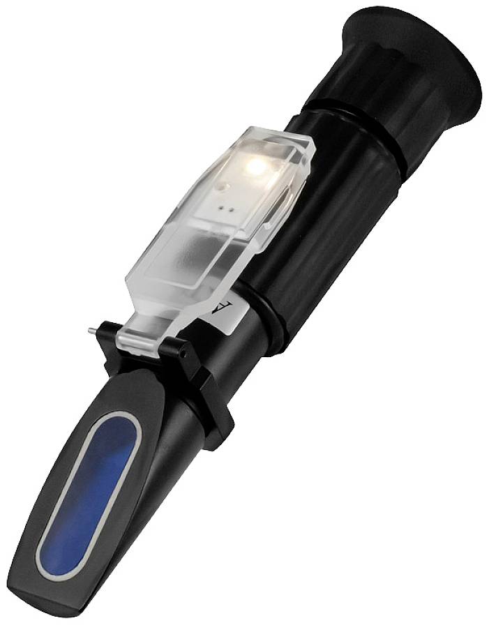 Un réfractomètre portable avec une fenêtre d'observation bleue et un boîtier noir, conçu pour mesurer l'indice de réfraction des liquides.