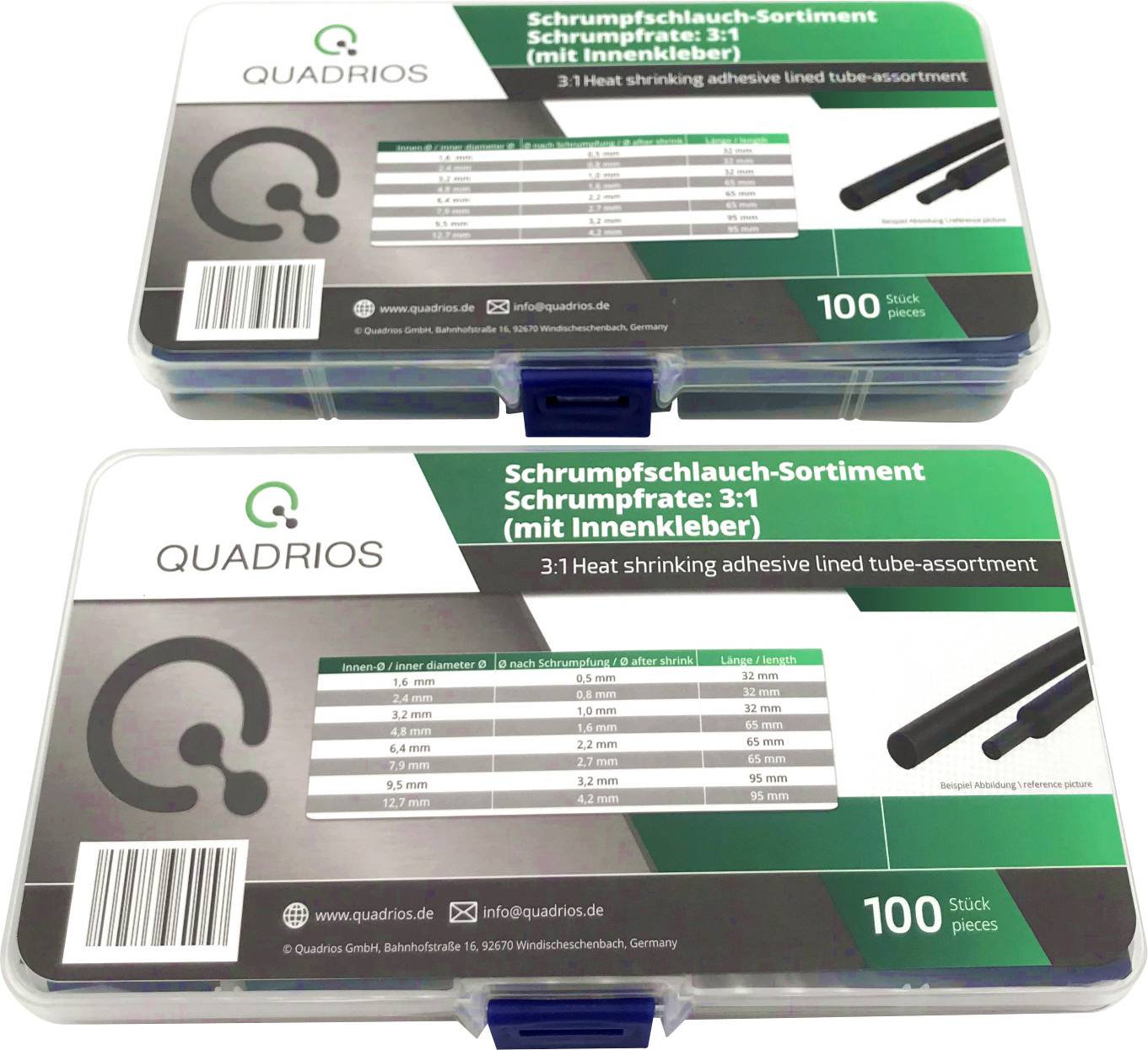 Boîte en plastique transparent avec gaines thermorétractables de différentes tailles. Étiquette indiquant les dimensions et un taux de rétrécissement de 3:1.