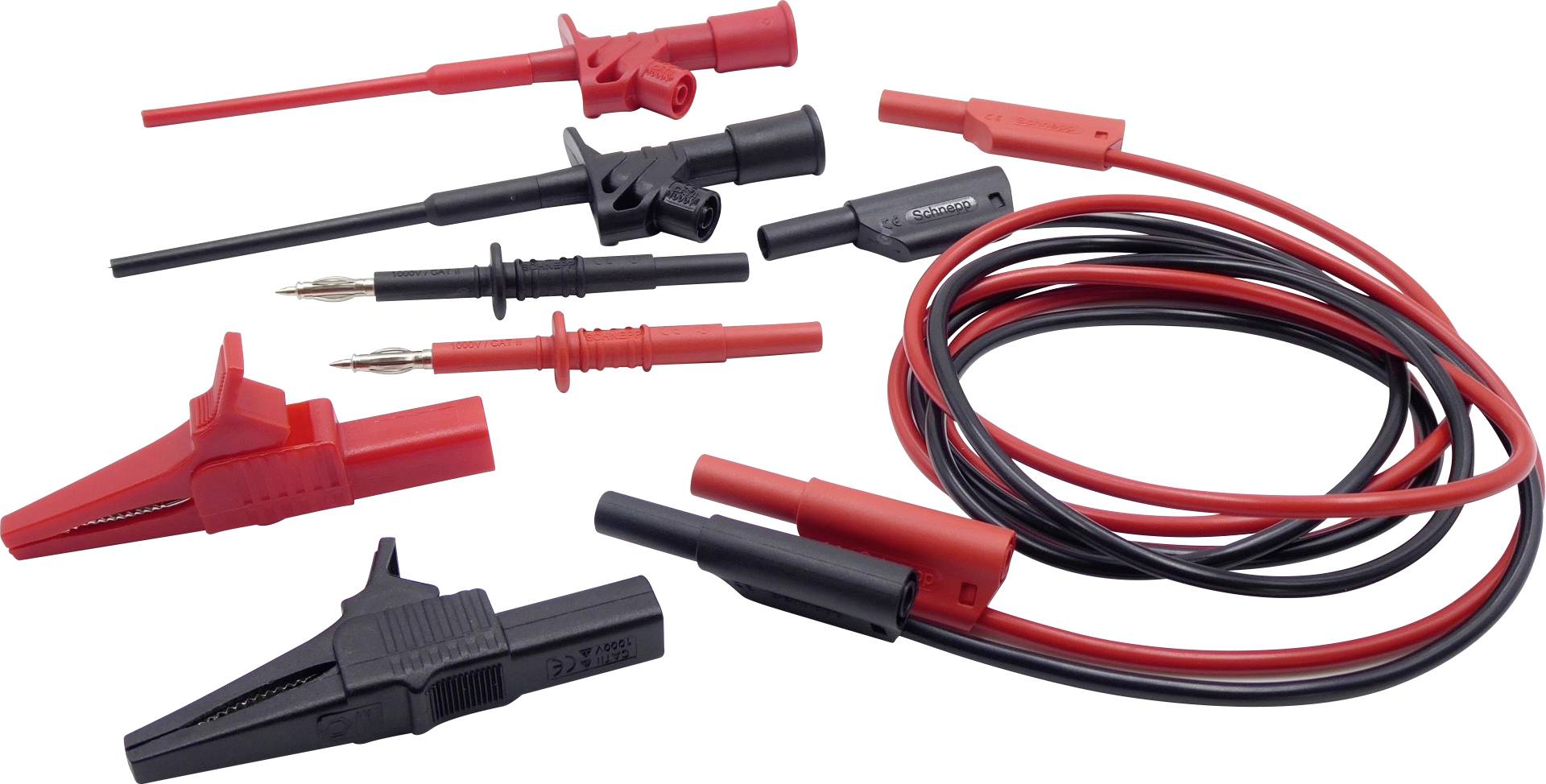 Cordons de mesure : Un ensemble de cordons de mesure rouges et noirs avec différentes pinces et sondes.