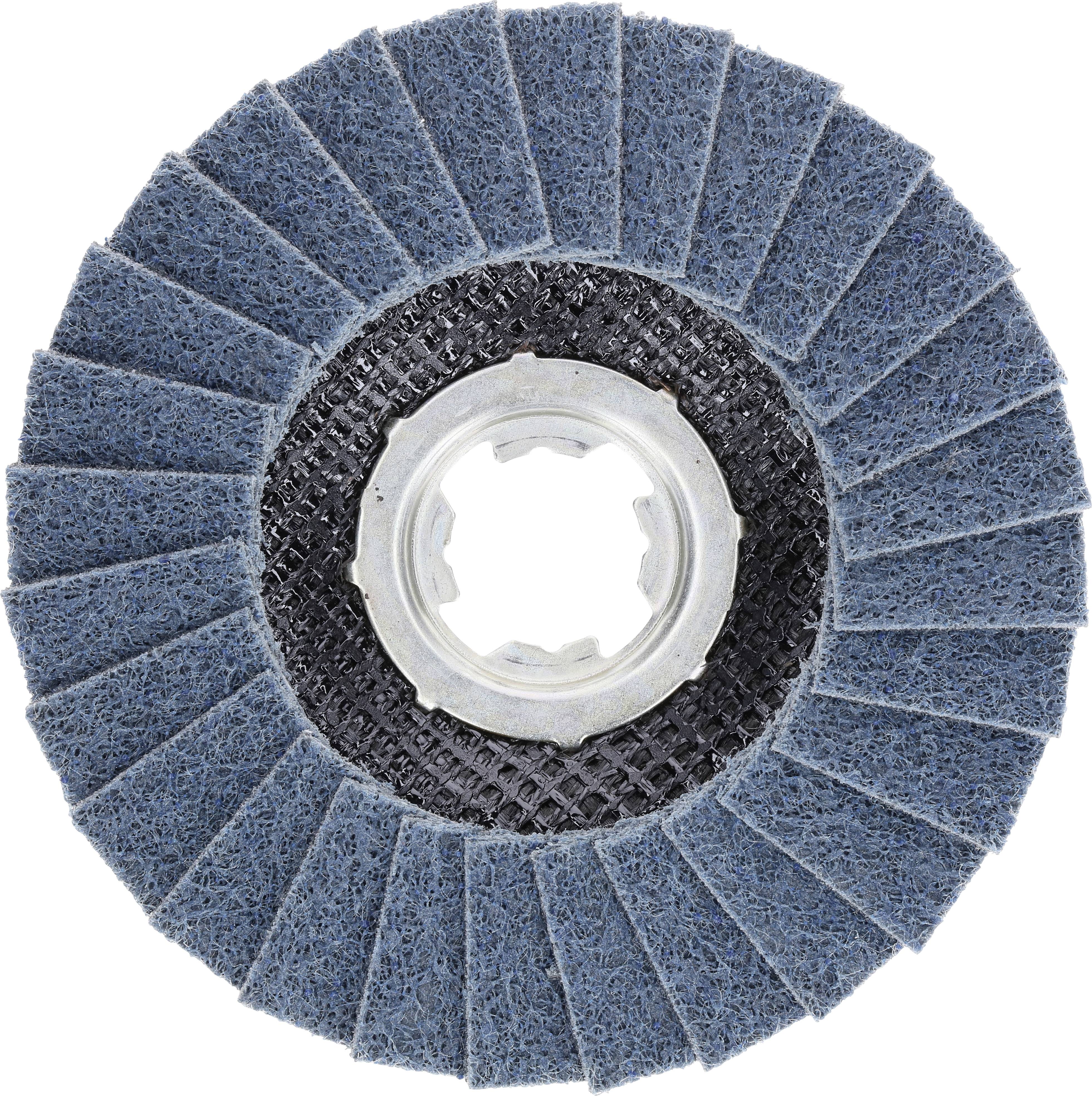 Disque abrasif à surface striée bleue, avec un trou central et un support noir. Adapté pour le meulage des métaux.
