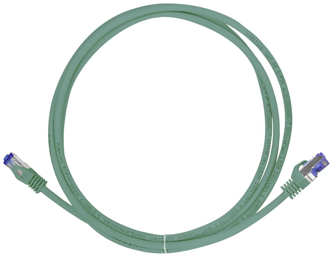 Câble Ethernet vert avec fiches bleues, enroulé, pour connectivité réseau.