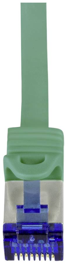 Câble Ethernet vert avec connecteur RJ45 bleu en gros plan.