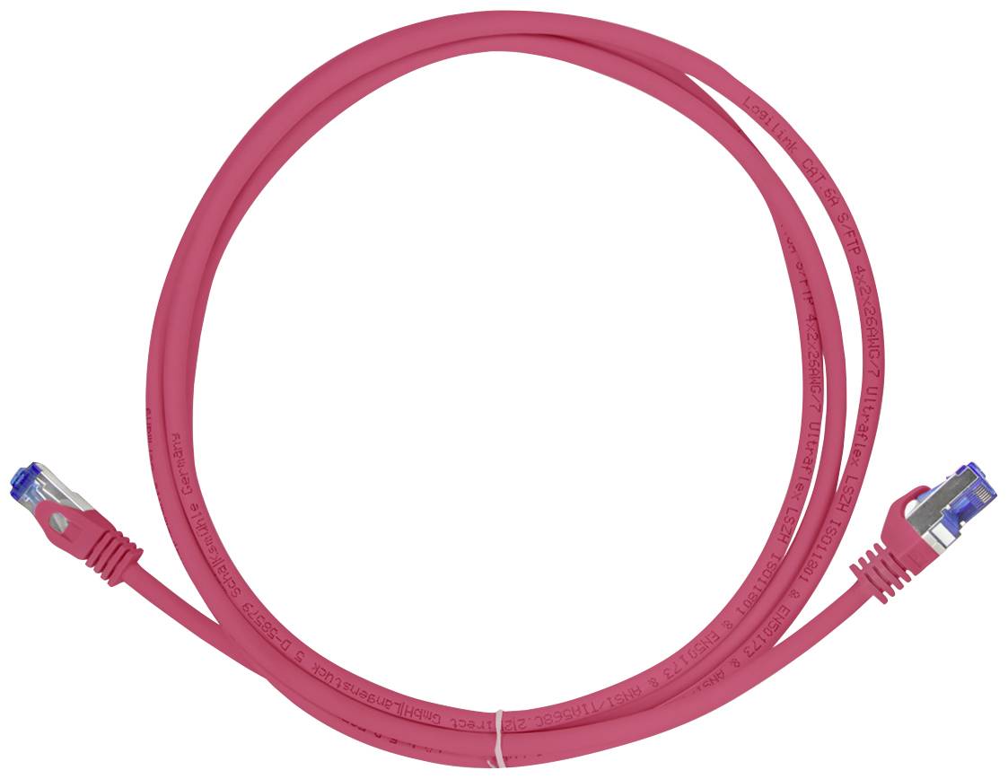 Un câble Ethernet rouge en forme d'anneau avec deux connecteurs RJ45 à ses extrémités.