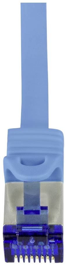 Un câble Ethernet bleu avec connecteur RJ-45 montrant l'avant du connecteur. Idéal pour la connexion réseau.