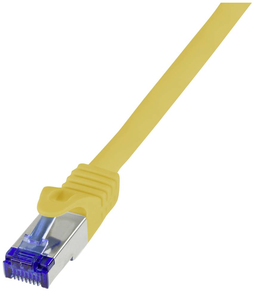 Un câble Ethernet jaune avec un connecteur RJ-45 bleu, utilisé pour la connexion réseau.
