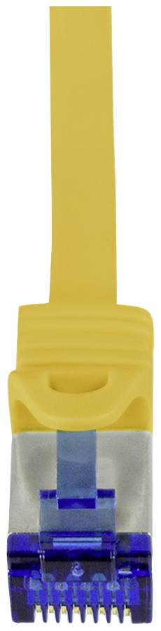 Câble Ethernet jaune avec connecteur RJ-45, utilisé pour les connexions réseau dans les réseaux informatiques.