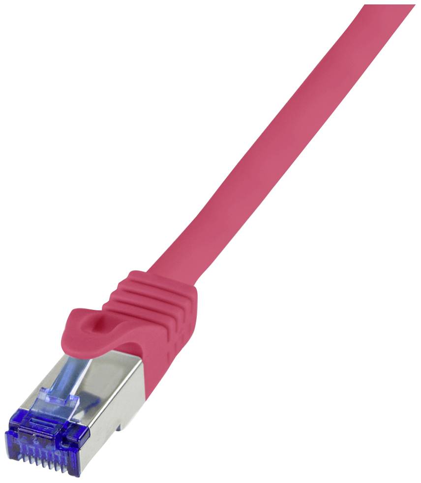 Un câble réseau rose avec un connecteur Ethernet bleu, représenté sur un fond blanc.