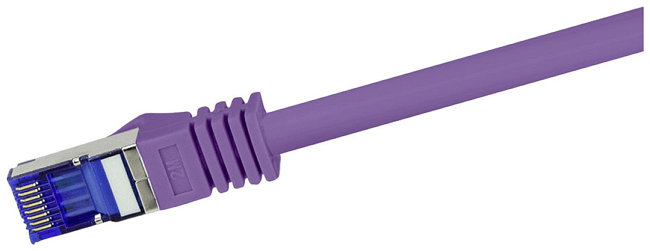 Câble Ethernet violet avec connecteur. Le connecteur dispose de contacts dorés et d'un capuchon de protection bleu. Utilisé pour la transmission de données.