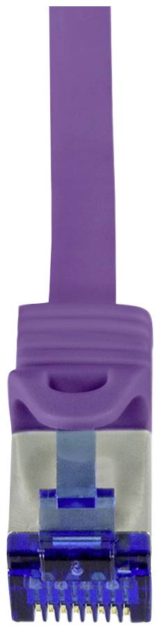 Câble Ethernet lilas avec connecteur transparent bleu, vu de dessus.