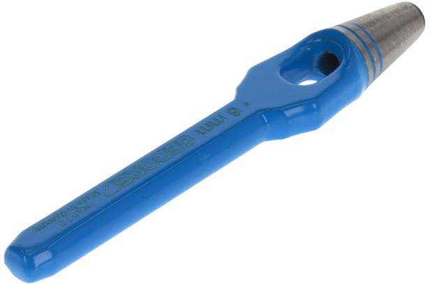 Poinçon avec poignée bleue, adapté pour percer des trous dans le cuir ou d'autres matériaux.