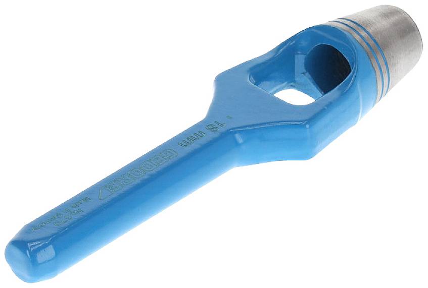 Un poinçon bleu, allongé, avec une poignée et une tête métallique, utilisé pour percer des trous dans différents matériaux.
