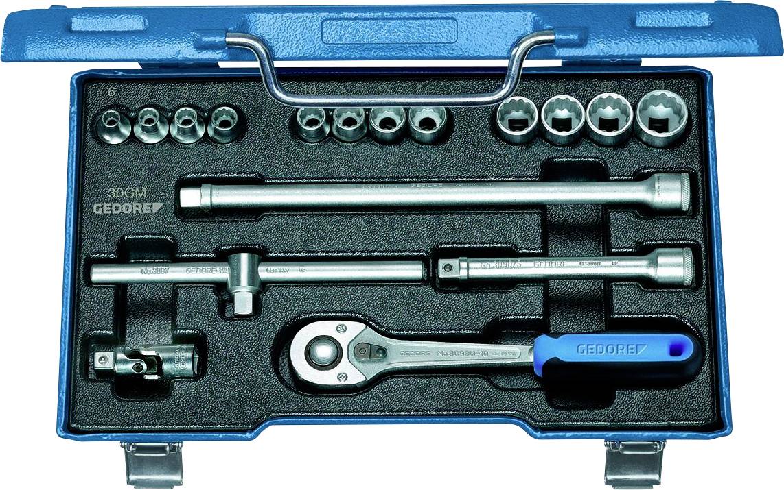 Une boîte à outils bleue contenant un jeu de clés à douille. Comprend une clé à cliquet, des rallonges, des adaptateurs et différentes douilles.