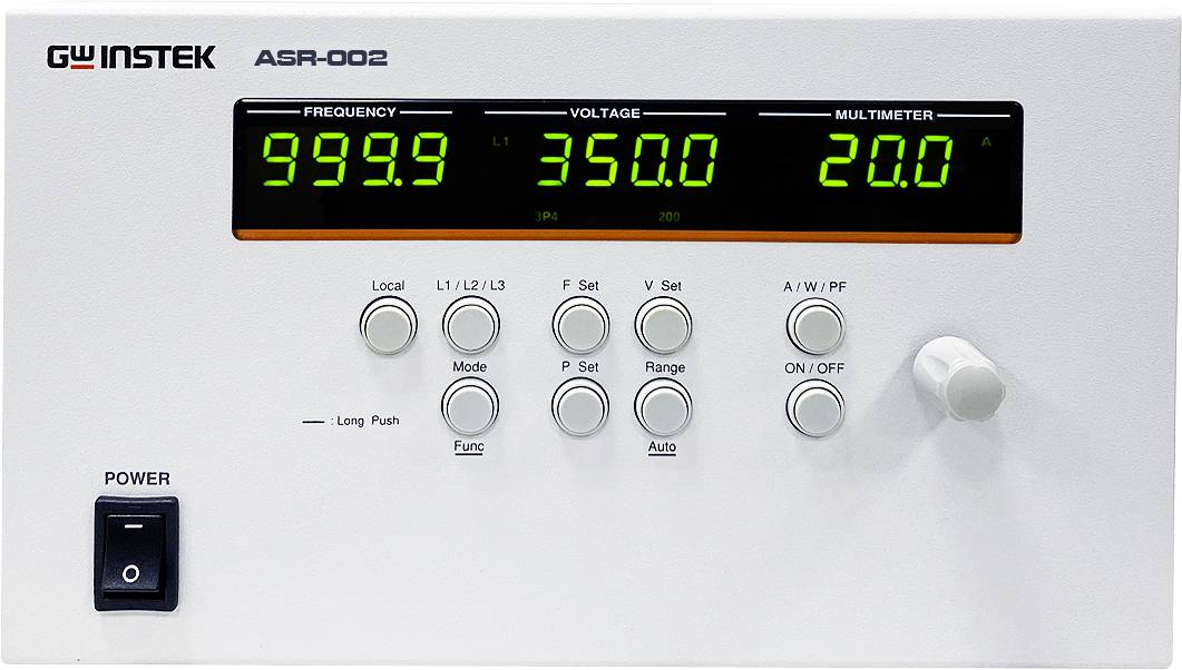 Un appareil de mesure électronique avec affichages numériques pour la fréquence (999,9), la tension (350,0) et le multimètre (20,0). Comprend une commande par touches.