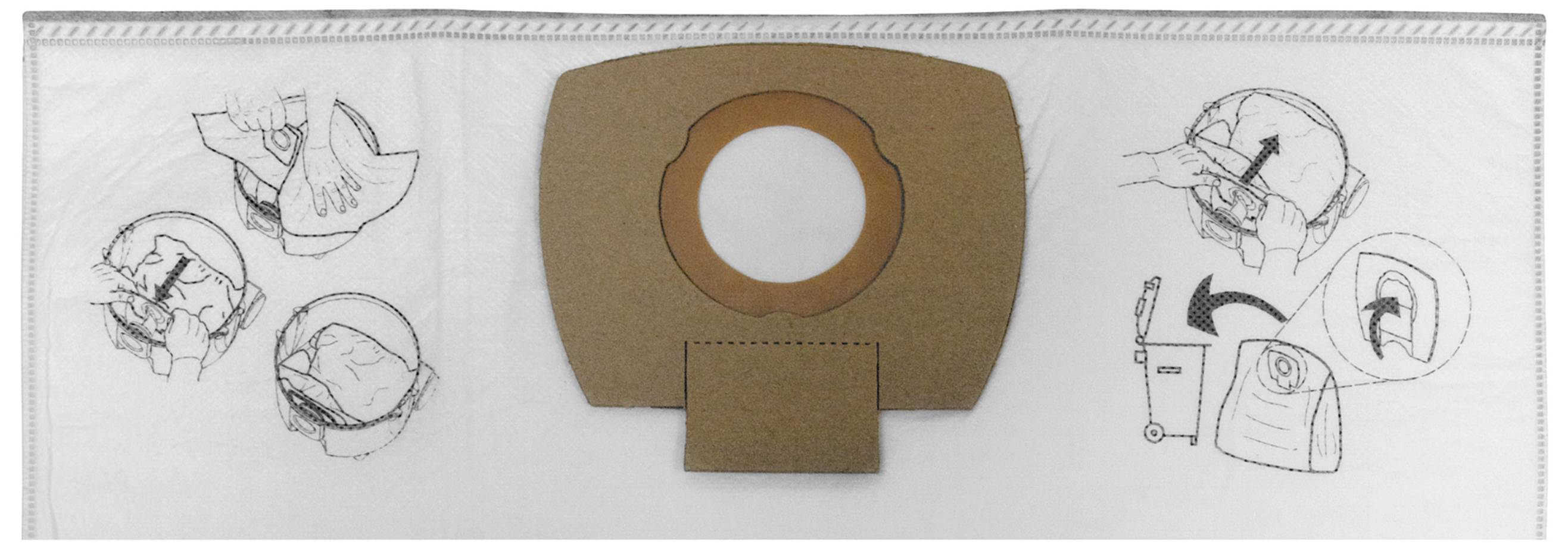 Sac filtrant pour aspirateur avec instructions imprimées : Insertion, fixation et retrait du sac à l'aide d'illustrations.