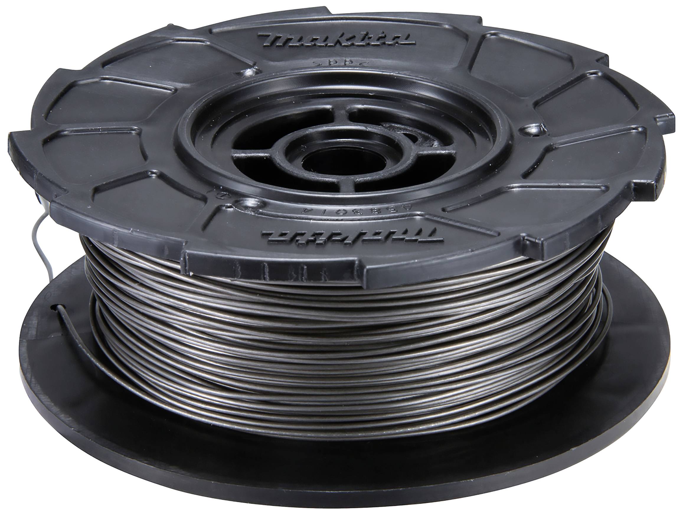 Une bobine noire avec un fil d'argent, adaptée aux applications électriques ou mécaniques. Logo Makita visible en haut de la bobine.