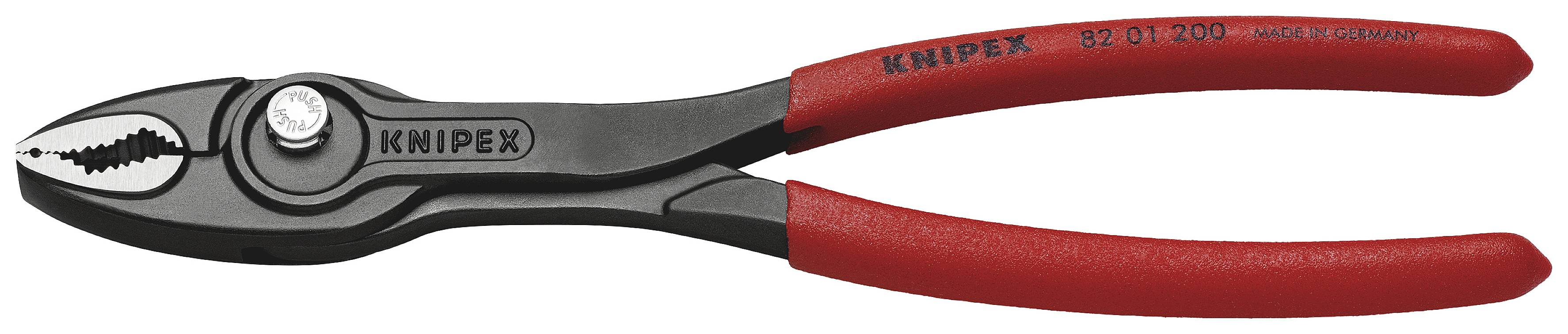 Une pince KNIPEX rouge, posée sur le côté, avec une poignée revêtue de noir et des surfaces de préhension dentelées.