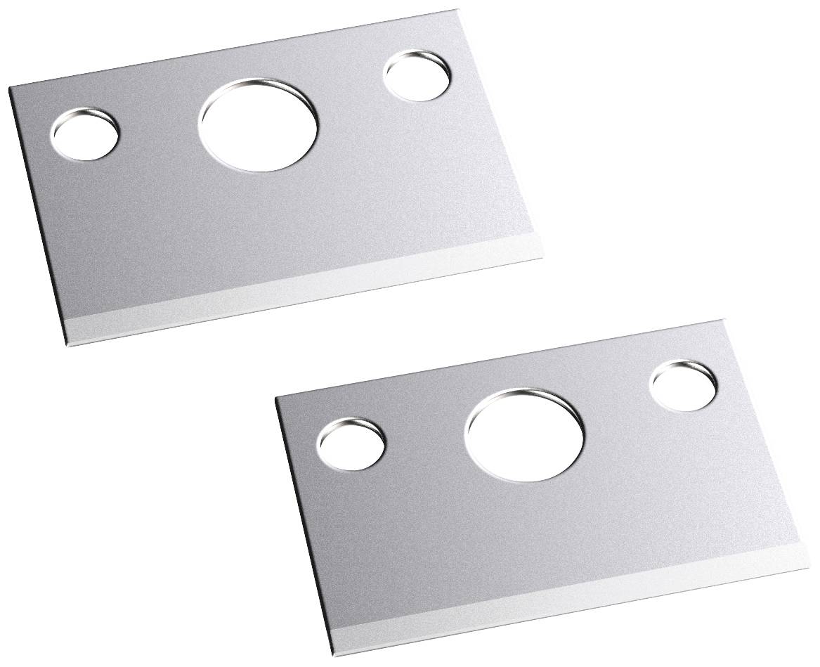 Deux plaques métalliques rectangulaires, chacune percée de trois trous. Une plaque est placée à un niveau plus élevé que l'autre.