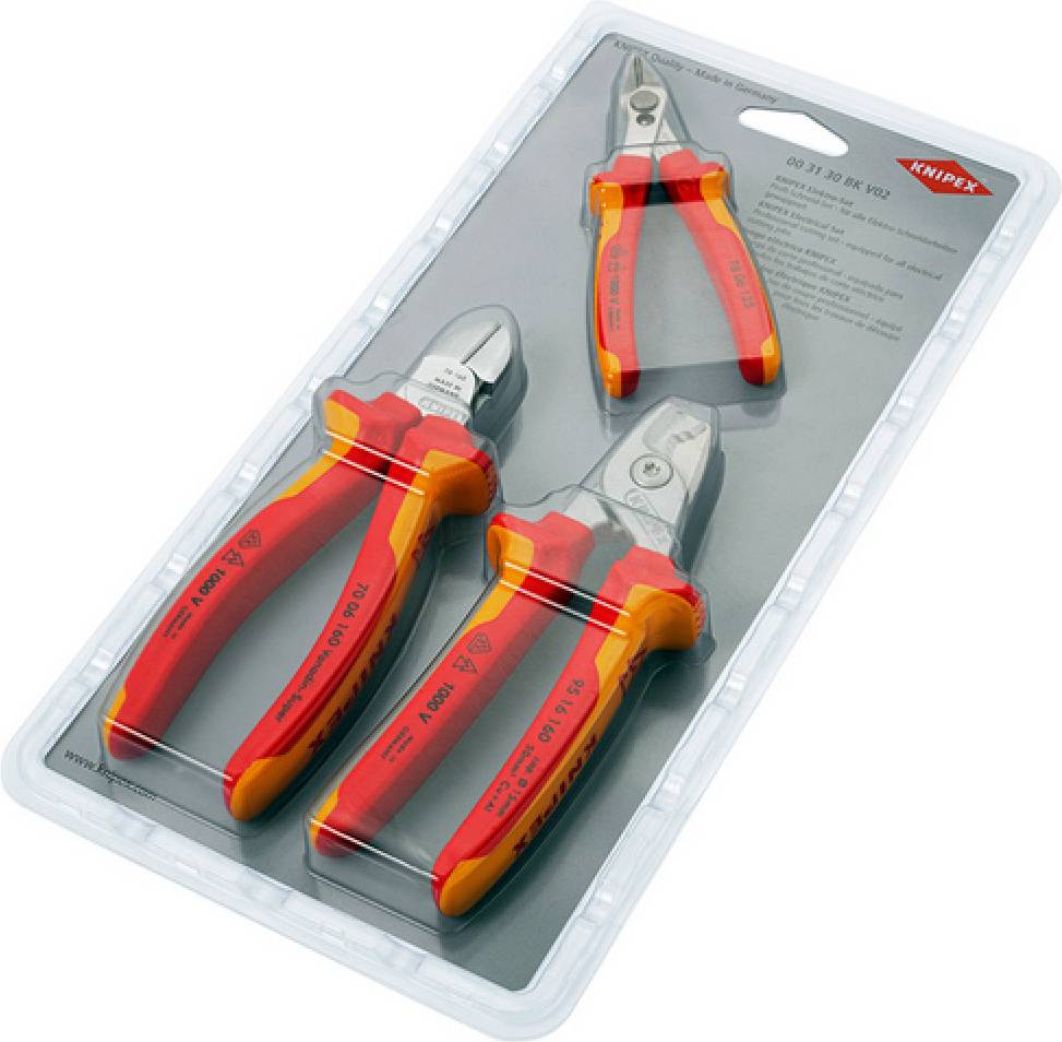 Ein Dreierset isolierter Zangen in einer Kunststoffverpackung, bestehend aus Seitenschneider, Flachzange und Kombizange, mit roten und gelben Griffen.
