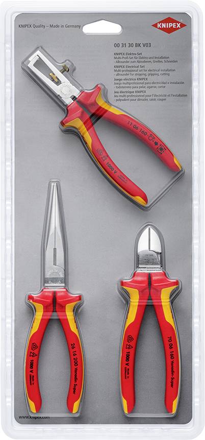 Emballage contenant trois pinces KNIPEX : pince à dénuder, pince plate à bec rond, pince coupante latérale. Poignées rouges avec des accents jaunes. Qualité « Fabriqué en Allemagne ».