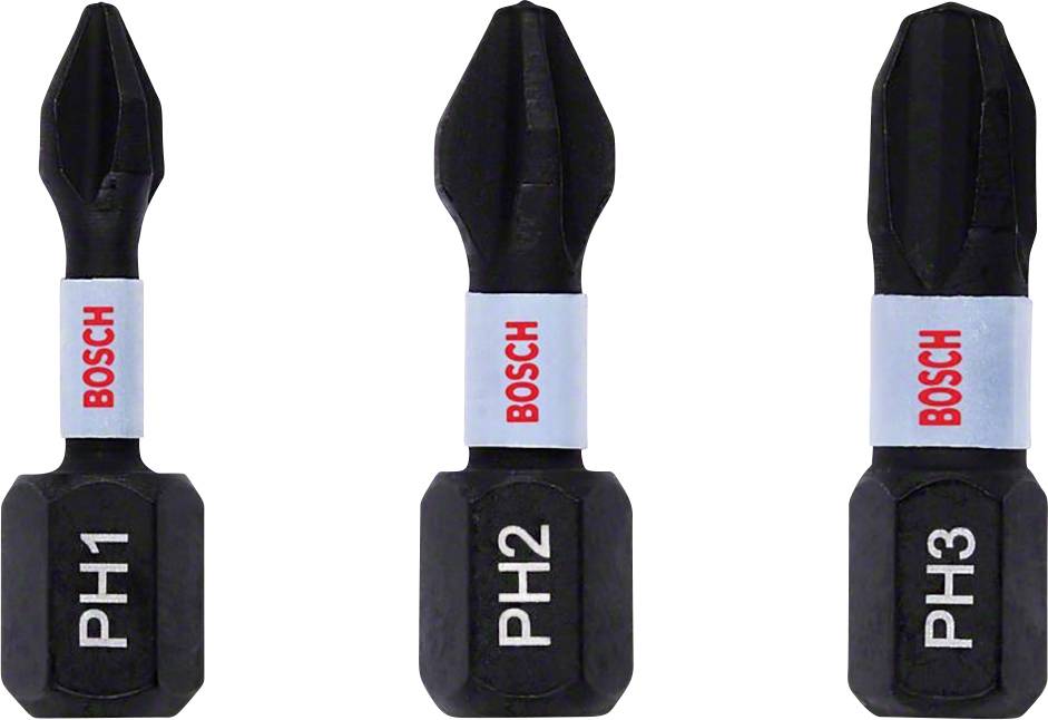 Trois embouts cruciformes noirs à tête Phillips avec des étiquettes bleues et le logo rouge 'Bosch'. Marqués 'PH1', 'PH2' et 'PH3' pour différentes tailles.