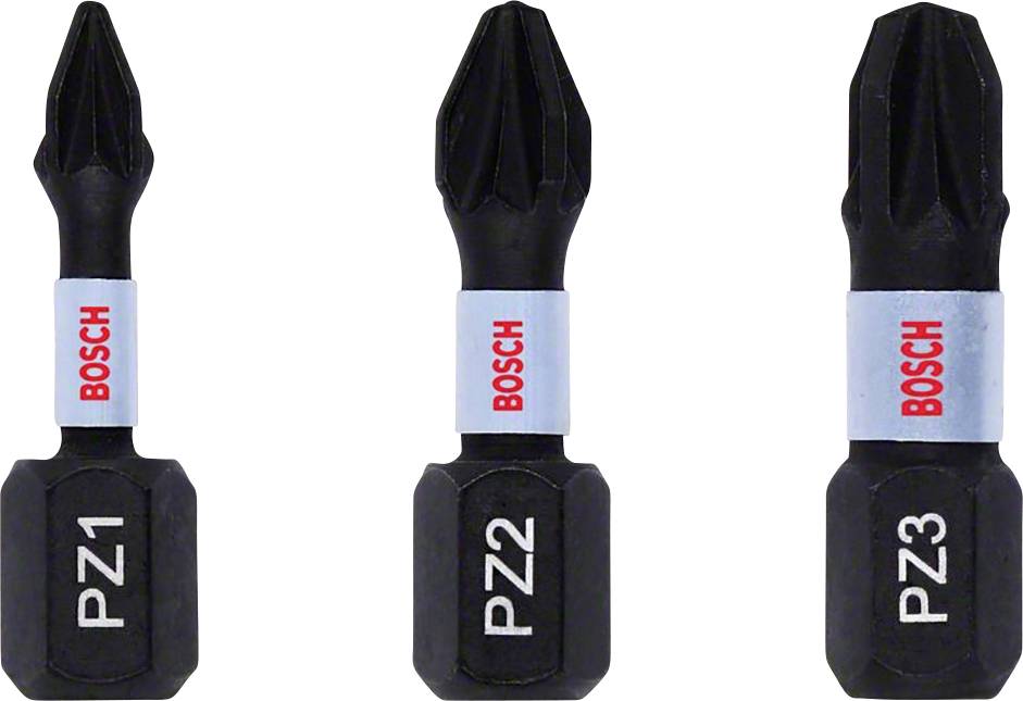 Trois embouts de tournevis noirs de la marque Bosch portant les marquages 'PZ1', 'PZ2' et 'PZ3' sur un fond blanc.