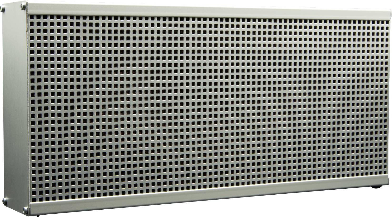 Un radiateur rectangulaire en métal avec un motif quadrillé, adaptable au mur. Il sert à chauffer les espaces intérieurs.