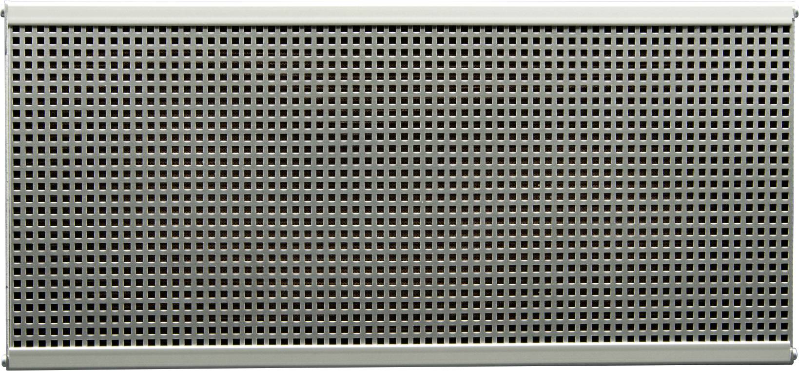 Une grille de ventilation rectangulaire en métal avec un motif carré symétrique sur un fond clair.