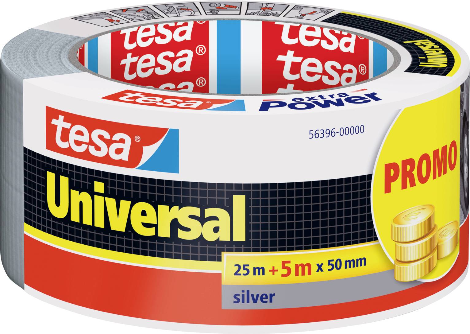 Un rouleau de ruban adhésif argenté étiqueté « tesa Universal », avec des mentions supplémentaires « Extra Power », « PROMO », et les détails de dimension : 25m + 5m x 50mm.