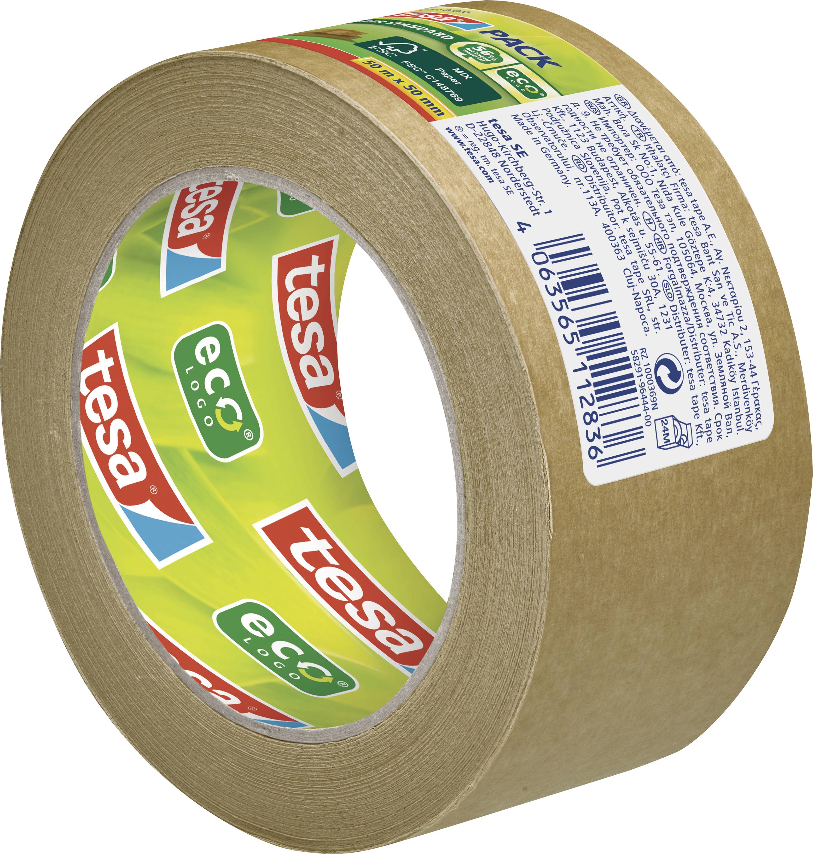 Rouleau de ruban adhésif tesa ecoLogo. Marron, avec étiquette blanche. Ruban d'emballage écologique pour un emballage sûr.