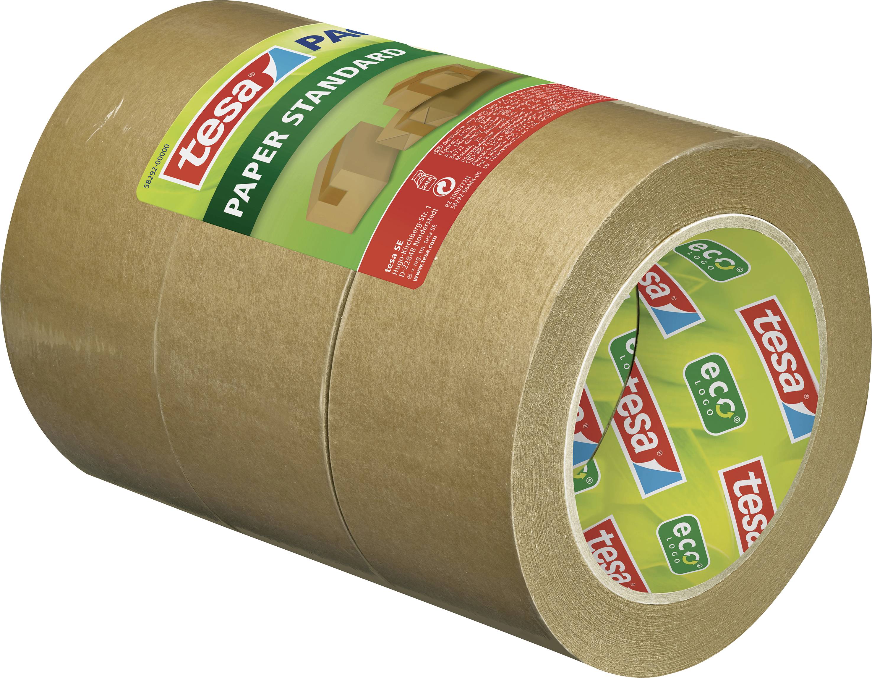 Rouleau de ruban adhésif marron avec l'inscription 'tesa Paper Standard'. Convient pour l'emballage. Matériau papier écologique.