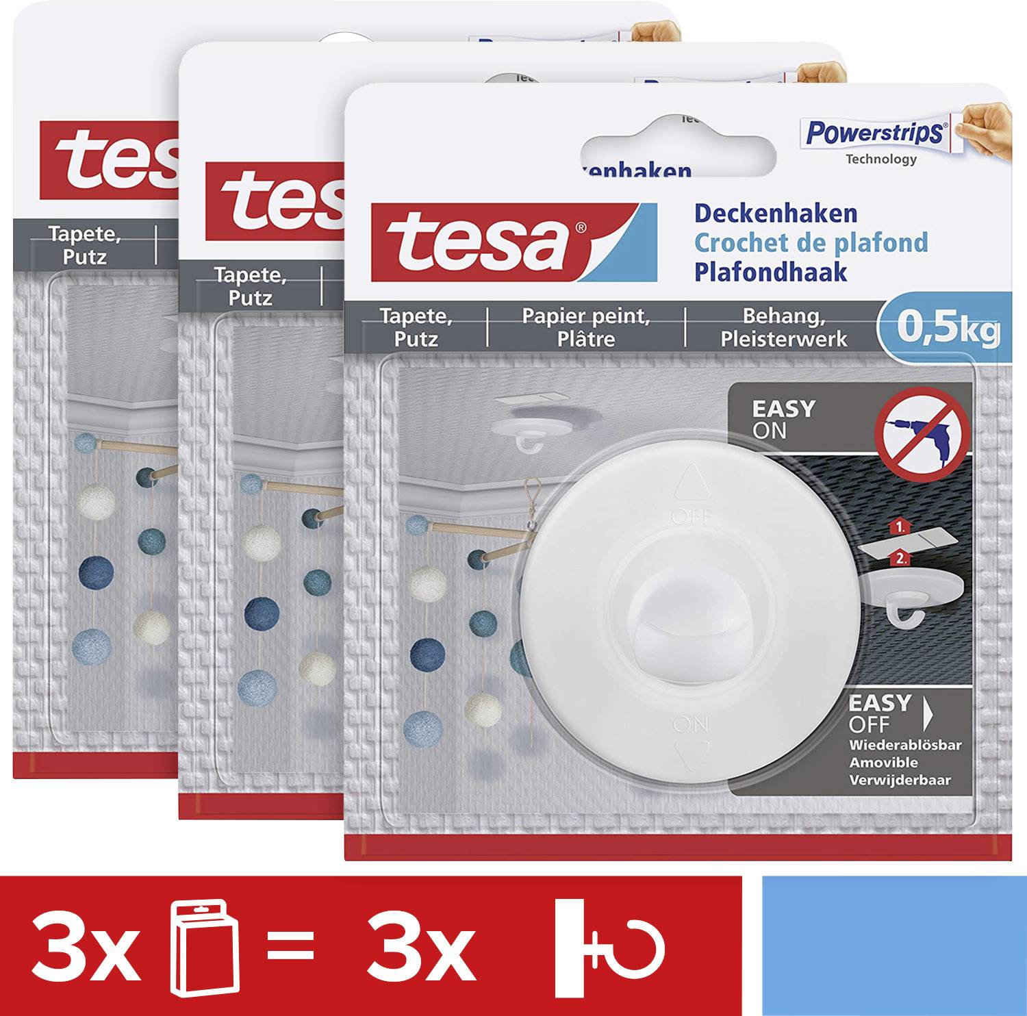 Trois paquets de crochets de plafond tesa avec Powerstrips, réutilisables, pour papiers peints et plâtre, capacité de charge de 0,5 kg par crochet. Adaptables.