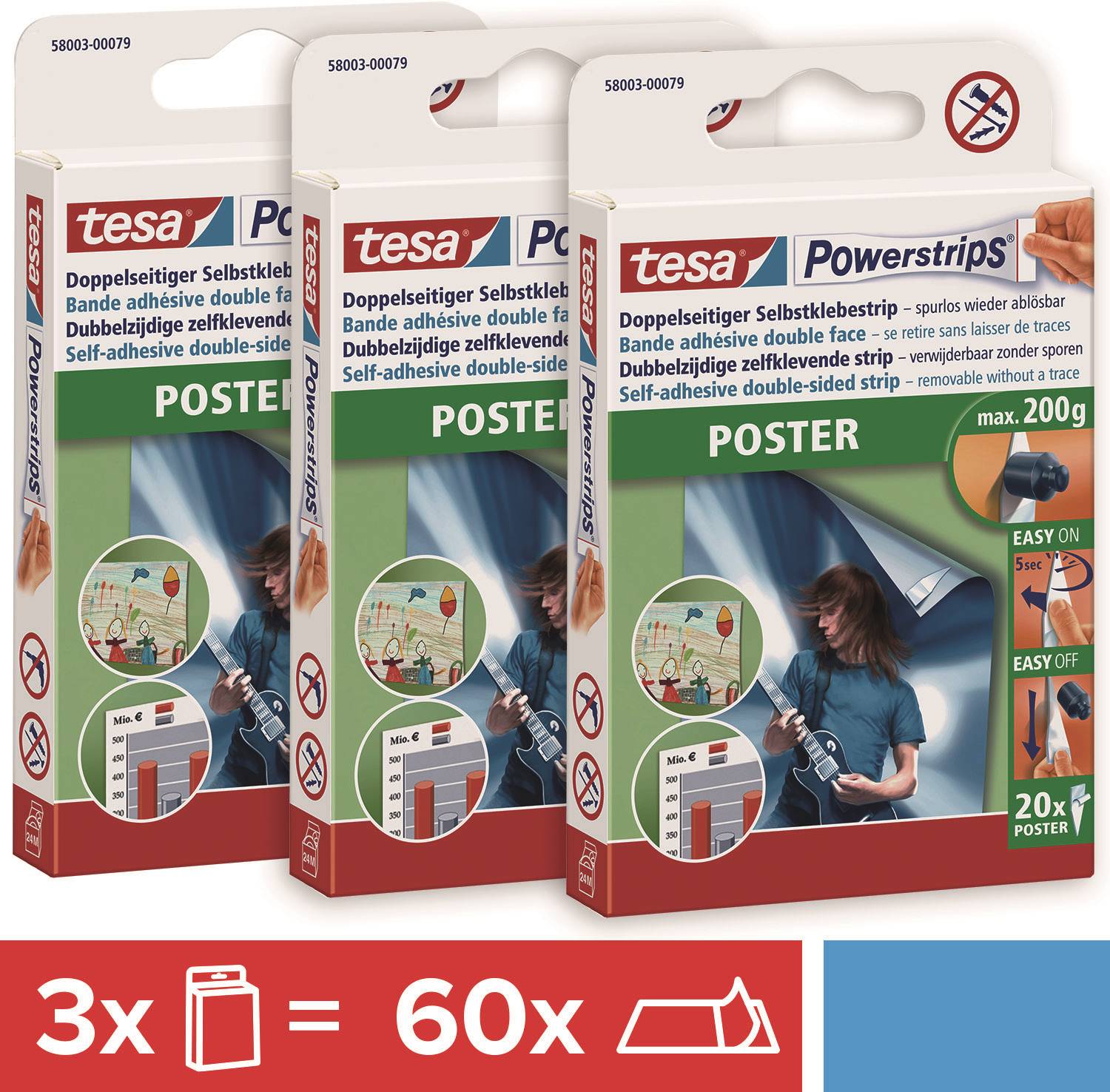 Trois paquets de tesa Powerstrips pour affiches, bandes adhésives double face, adaptées aux posters jusqu'à 200g ; trois paquets permettent un total de 60 bandes.