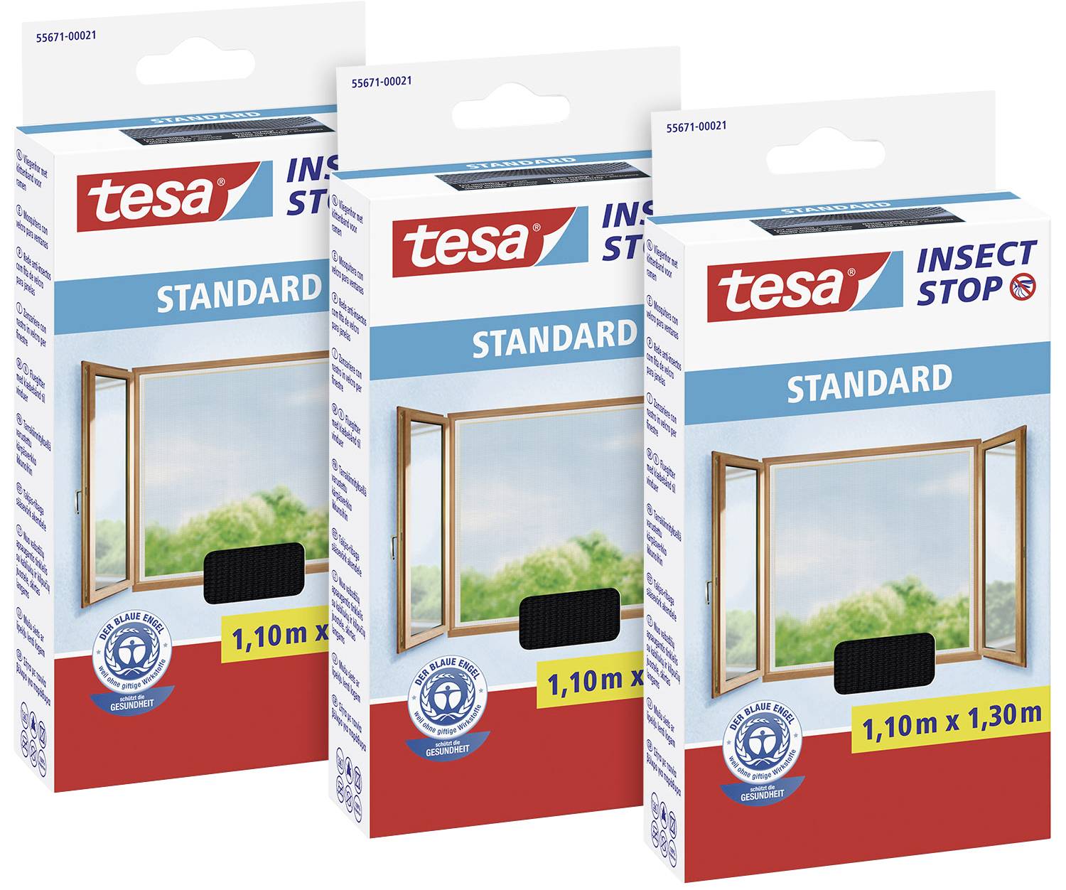 Trois paquets de protection anti-insectes Tesa, taille standard 1,10 x 1,30 m, pour fenêtres. L'emballage présente des fenêtres ouvertes avec une vue sur la nature.