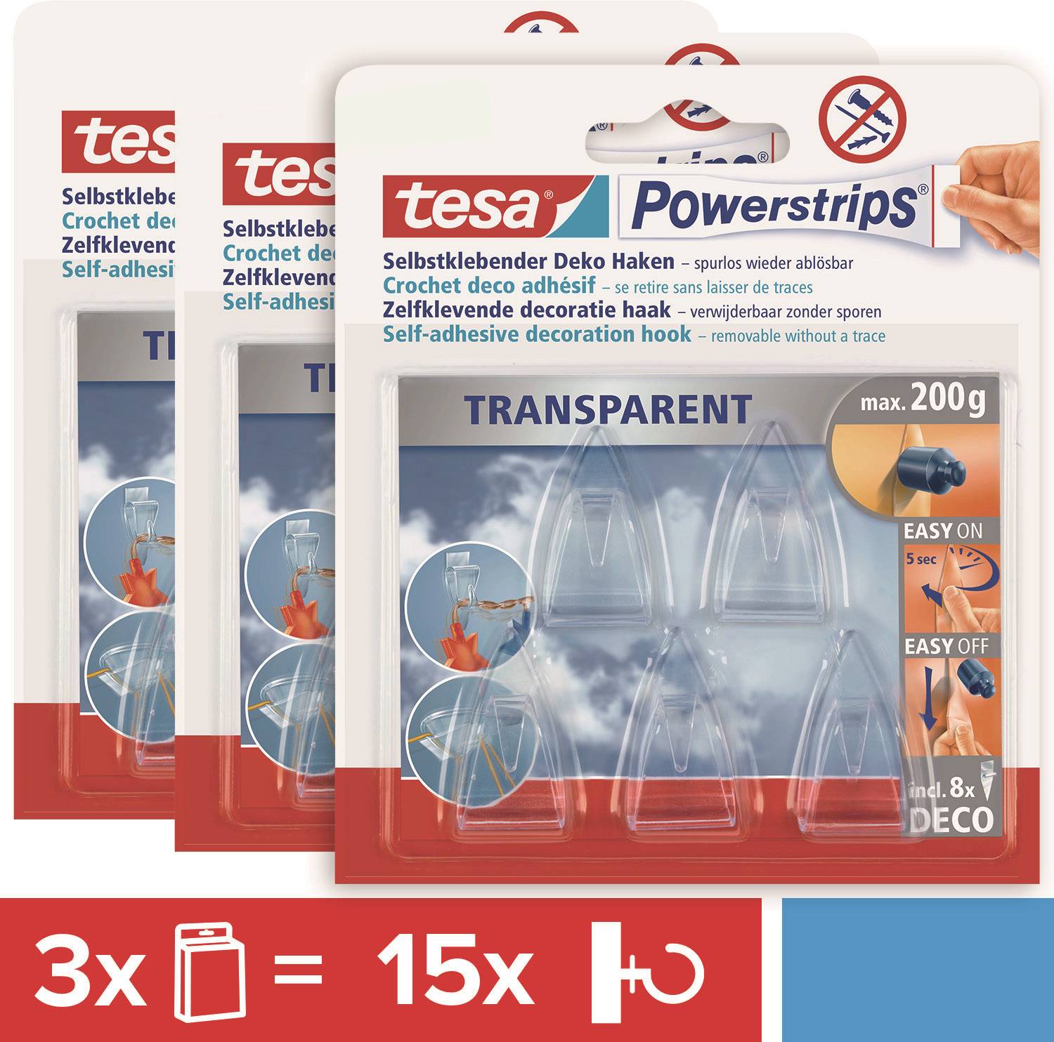 Lot de Tesa Powerstrips : Crochets décoratifs autocollants, transparents, charge maximale de 200g, faciles à installer et à retirer. Le set comprend 3 paquets, soit un total de 15 crochets.