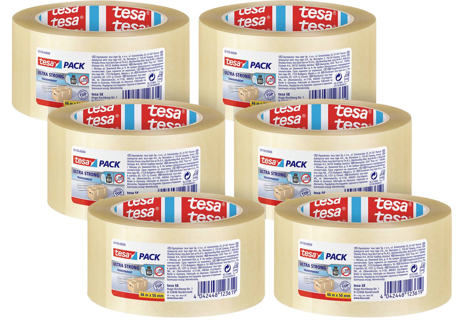 Six rouleaux de ruban adhésif d'emballage transparent de la marque Tesa, empilés et disposés, avec des informations d'étiquetage sur chaque rouleau.