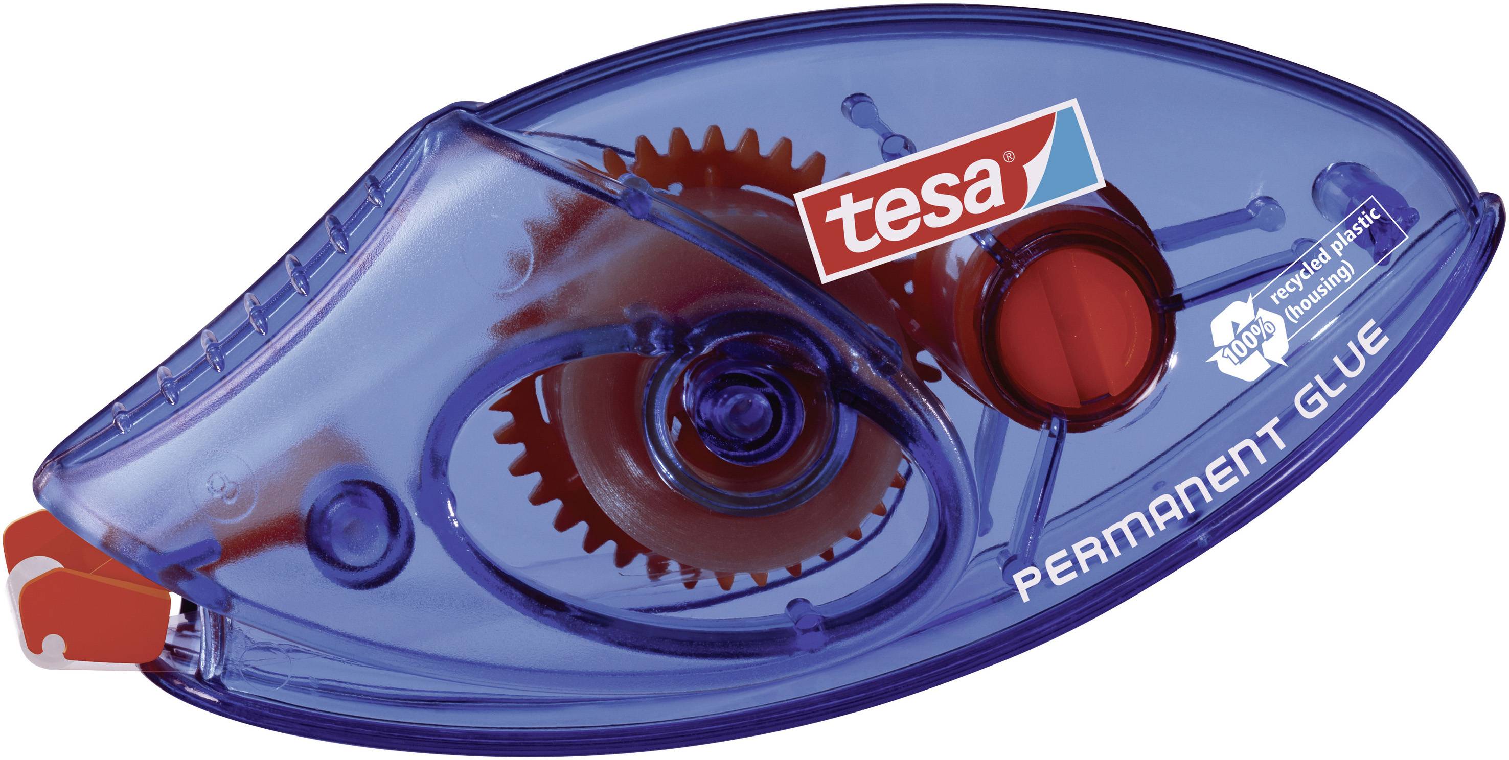 Rouleau de colle bleu avec roue rouge et logo 'tesa'. Marqué 'PERMANENT GLUE'. Boîtier transparent montrant les pièces internes.